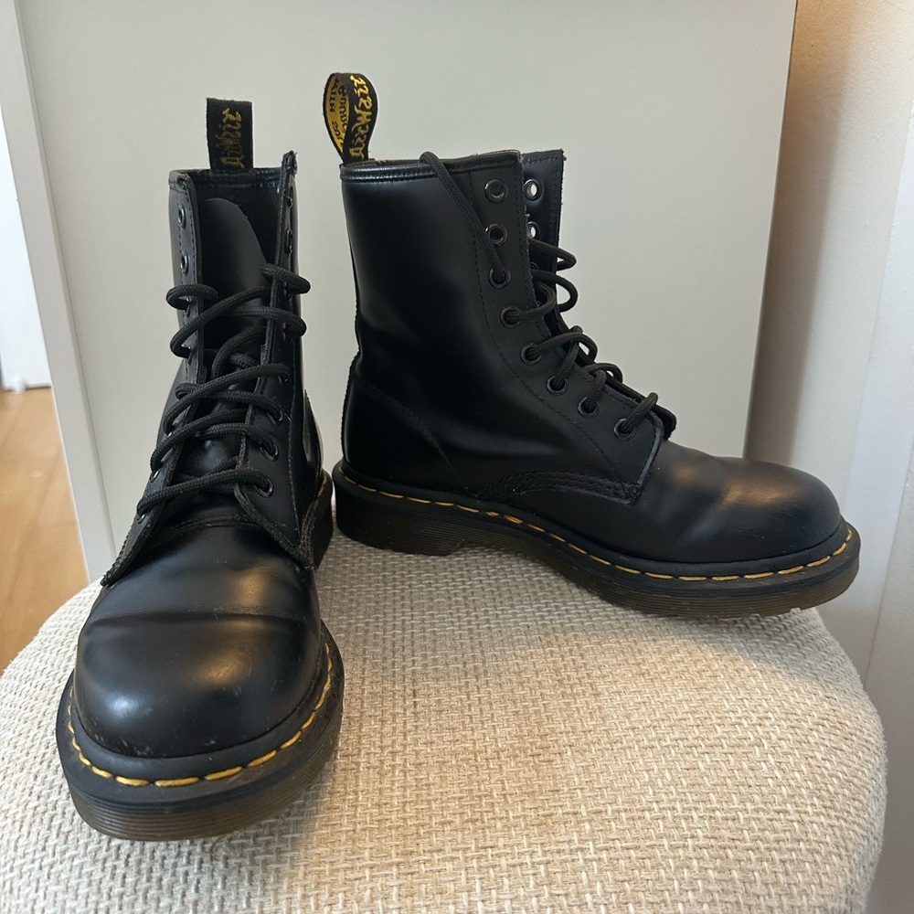 Dr. Martens Black Combat Boots with Yellow Stitching